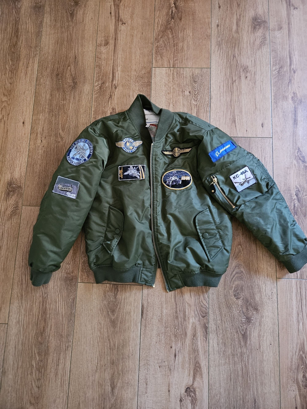 Olive Green BOEING Boys M 10/12 Bomber Jacket with Aviation Patches